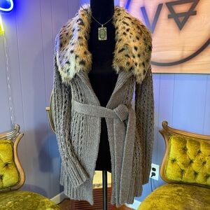 Vintage Express Faux Fur Trimmed Wool Blend Chunky Knit Cardigan Size XS